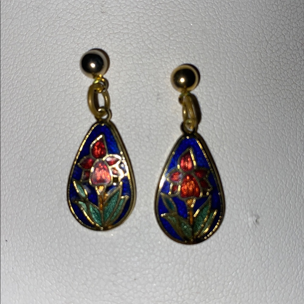 Cloisonné Gold and Blue Floral pierced Earrings